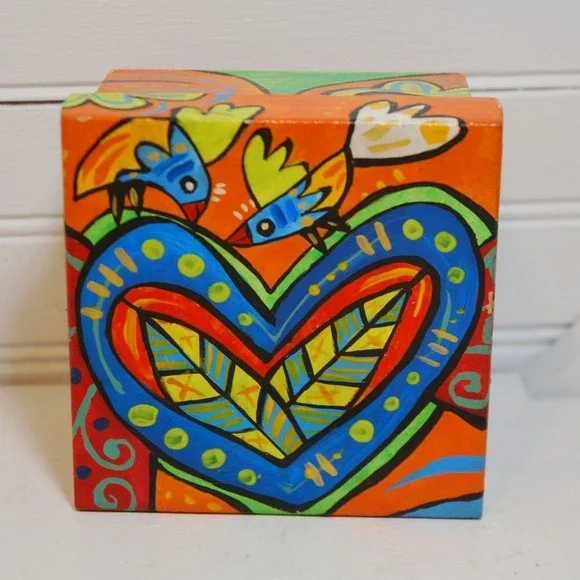 Vintage Hand-painted wooden jewelry box Zentangle design heart lovebirds UNISEX‎