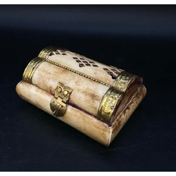 Camel Bone Treasure Chest Jewelry Trinket Box Brass Velvet Lined 3”x2
