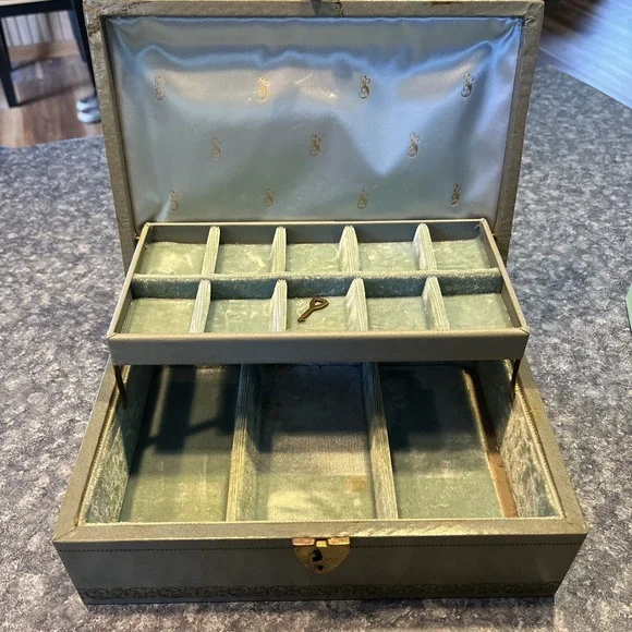 Vintage Blue Mele 2 Tier Leather Gold Trim Jewelry Box Baby Blue Velvet MCM Nice