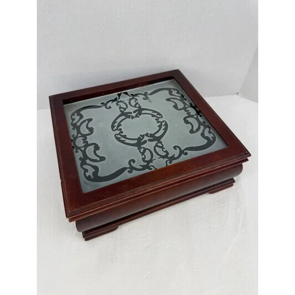 Vintage Wooden Jewelry Box Etched Glass‎ Lid 9 Compartments Cherry Finish