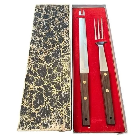 Vernco MCM Stainless Wood Handle Meat Carving Knife and Fork Set Boxed Vtg Japan