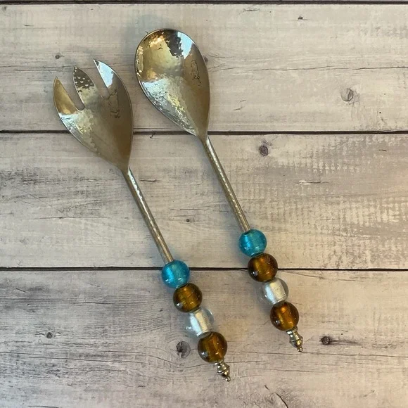 Salad Serving Utensil Set Fork Spoon Hammered Metal Blue Brown Beaded Handles