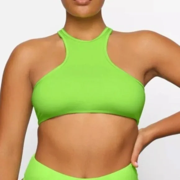 NWT SKIMS recycled swim high neck racerback top XS neon green