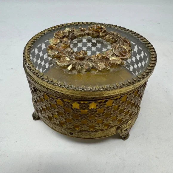 Vtg‎ Ormolu Gold Filigree Rose Jewelry Box Hollywood Regency Footed Trinket Case