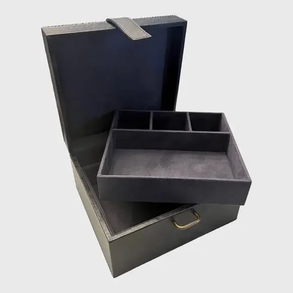 PB Black LEATHER JEWELRY BOX + TRAY Mens Ladies 8” Square Dresser Organizer