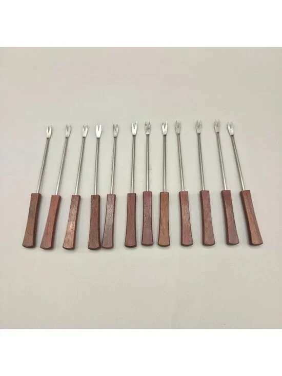 Vintage MCM Teak Wood Stainless Cocktail Pickle Cheese Forks Set of 12 Japan