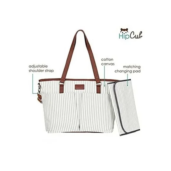 HIP CUB Gray & White Striped Messenger Style Diaper Bag + Matching Changing Pad