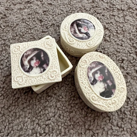Enesco Kim Anderson's Pretty As A Picture Jewelry Box Vintage Set of 3