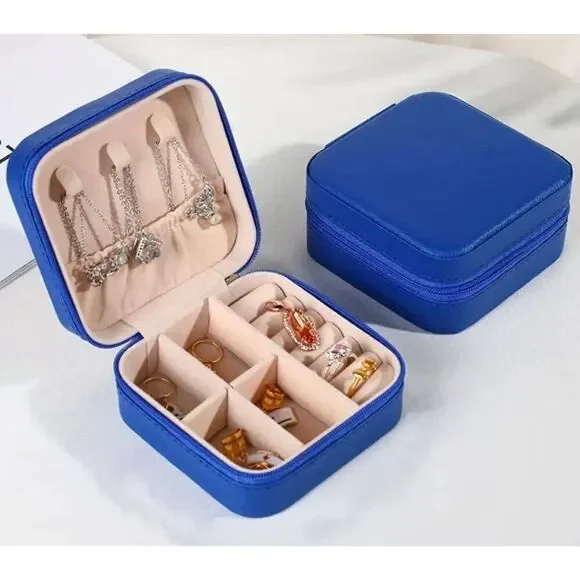 NWT Jewelry Box Case Blue Pu Leather Jewelry Organizer Earrings Bracelets Rings