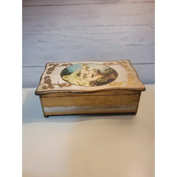 VINTAGE ITALIAN STYLE TOLE FLORENTINE WOOD JEWELRY MUSIC BOX - JAPAN
