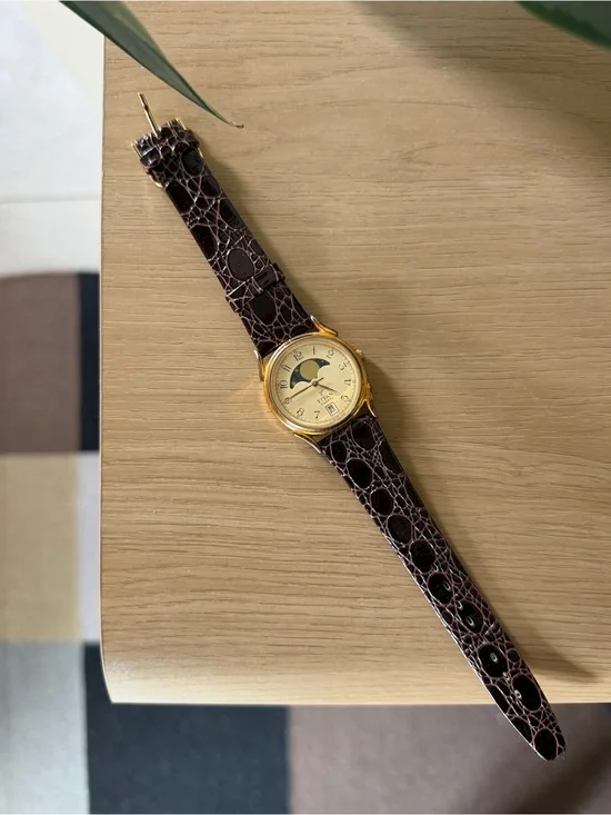 Titan Watch — Gold Case with Dark Brownish Croc-Pattern Leather Strap