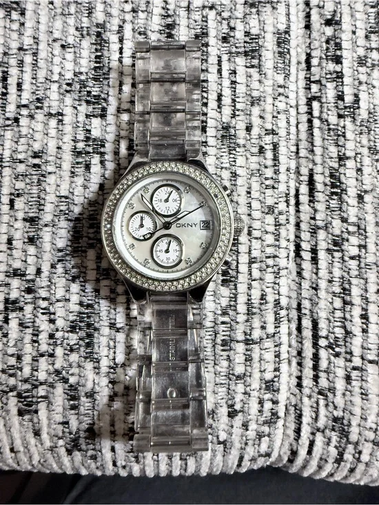 DKNY Clear Crystal-Trim Transparent Bracelet Watch with Silver Dial