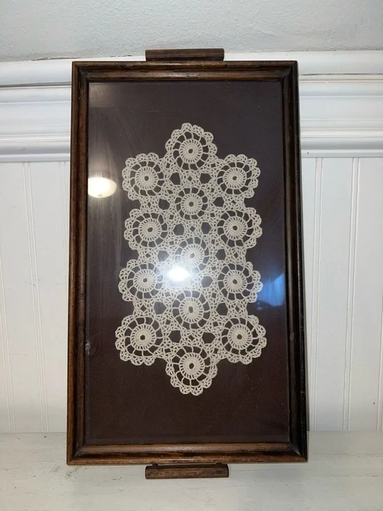 Vintage Wood glass doily insert serving tray