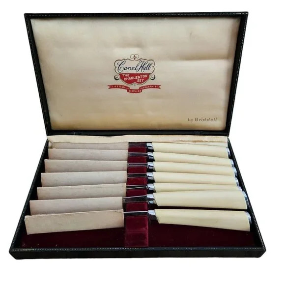 Vintage Set Of 7 Carvel Hall Stainless Steel Steak Knives The Charleston W/Box