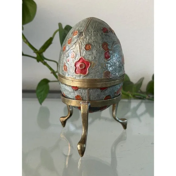 Floral Cloisonne Egg Trinket Box with Brass Stand