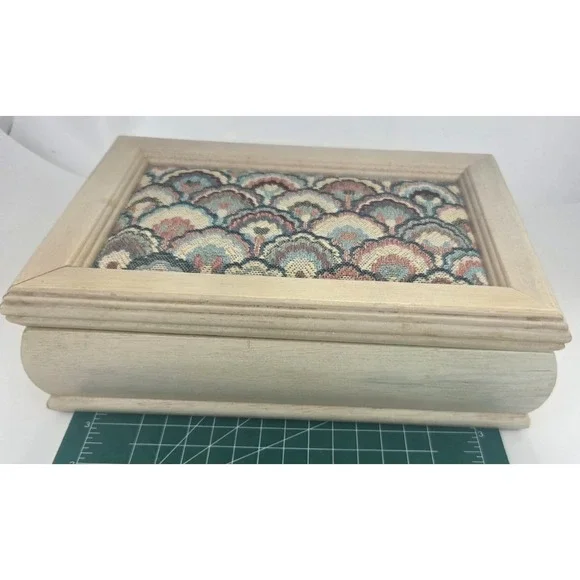 Vintage Wooden Jewelry Box Bargello Flame Stitch Tapestry w Mirror & Rose Lining