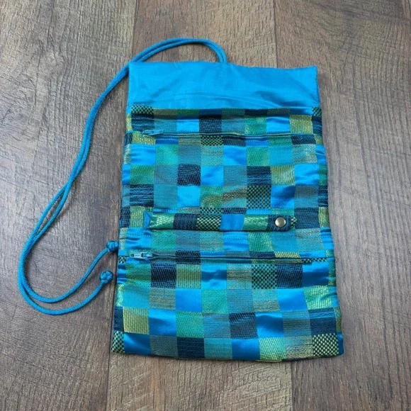 Silk Brocade Roll Up Travel Jewelry Organizer Bag Teal Blue Green Patchwork