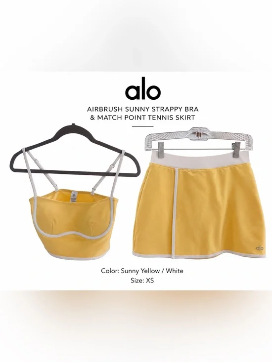ALO Yoga Yellow Strappy Crop Bra and match point skirt in Sunny Yellow- both XS