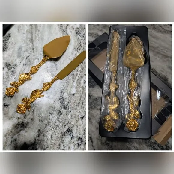 NIB Gold Tone Cake Server and Knife Set, Rose And Leaf Motif, Personalizable