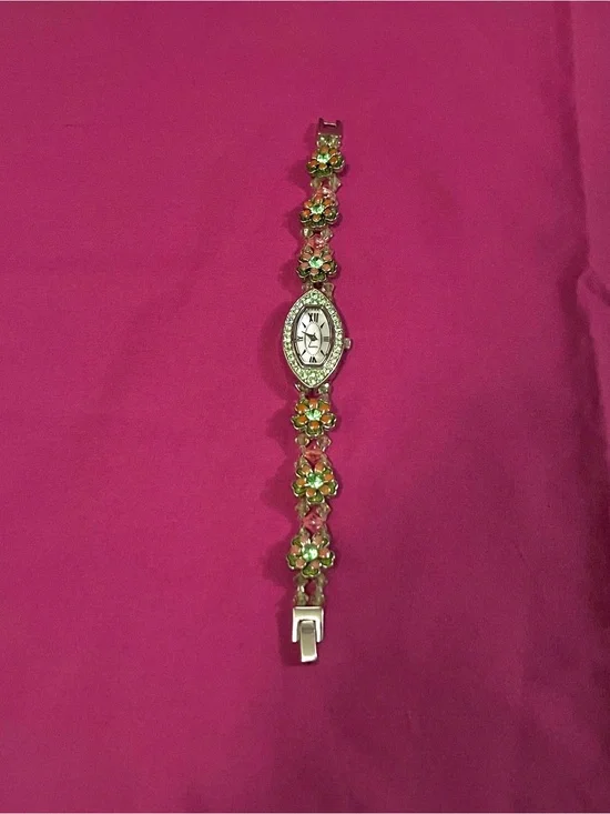 Floral Crystal Bracelet Watch in Green and Pink Accents