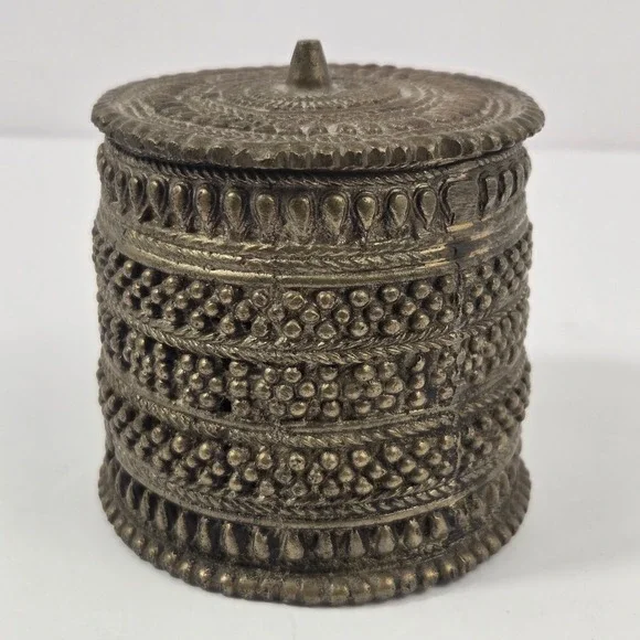 Vintage India Brass Trinket Box Small Beaded Lidded Jewelry Container 3in