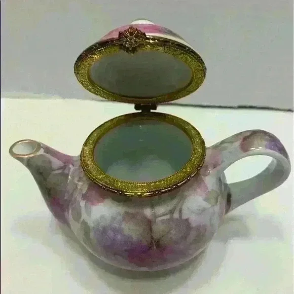 Formalities By Baum Bros Teapot Trinket Box Chintz Purple Flowers