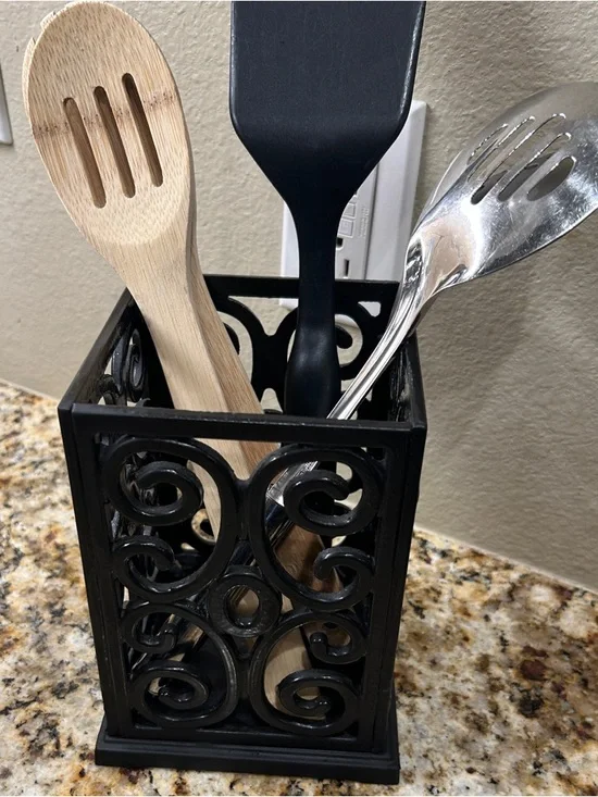 Black Iron Decorative Utensil Holder - Kitchen Counter Organizer