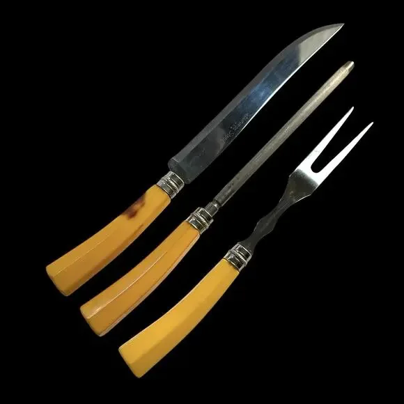Vintage Original 1940s BAKELITE BUTTERSCOTCH HANDLE CARVING SET 3pc