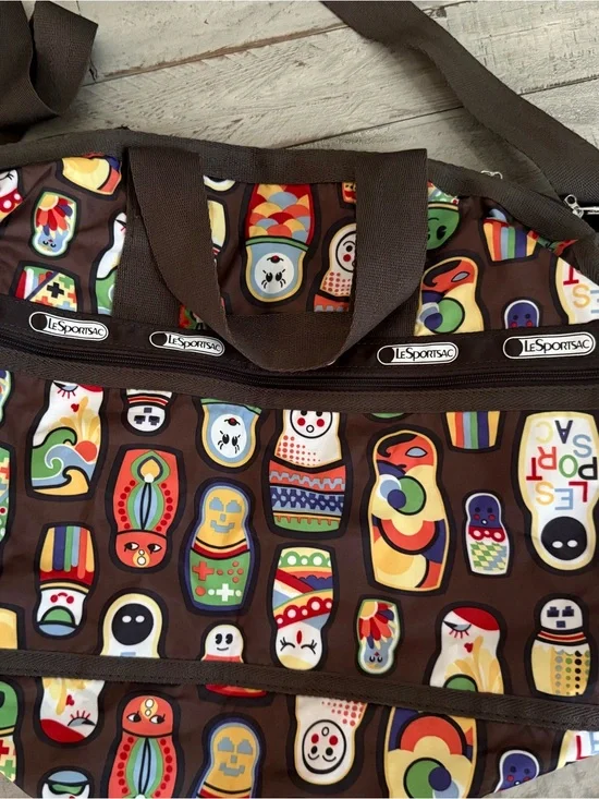 Lesportsac Brown Tote with Colorful Matryoshka Doll Print