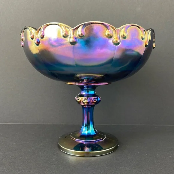 Indiana Glass Peacock Blue Carnival Glass with Garland Pedestal Bowl‎