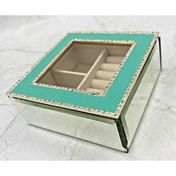 Nicole Miller Hollywood Regency Style Mirrored Trinket Box Seafoam Enamel EUC‎