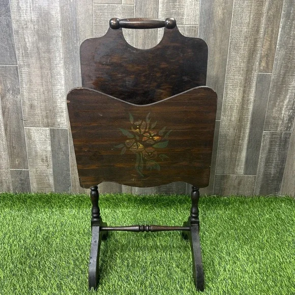1930s Art Deco Dark Wood Magazine Rack Stand Floral Motif Vintage