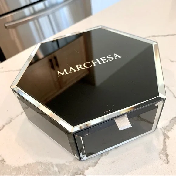 Marchesa Black Hexagon Mirrored Glass Velvet-Lined Jewelry Vanity Trinket Box