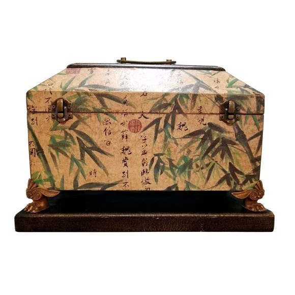 Vintage Wooden Jewelry Box with Asian Bamboo Detail Design Claw Feet on Base