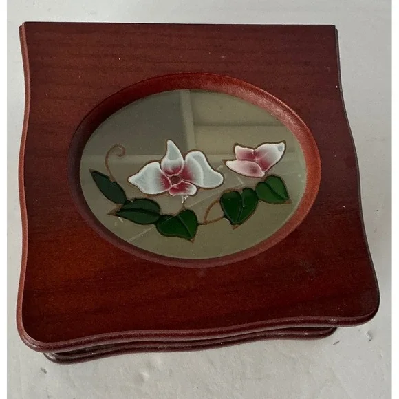 Wooden Jewelry Box Floral Glass‎ Inlay Small Brown Trinket Case