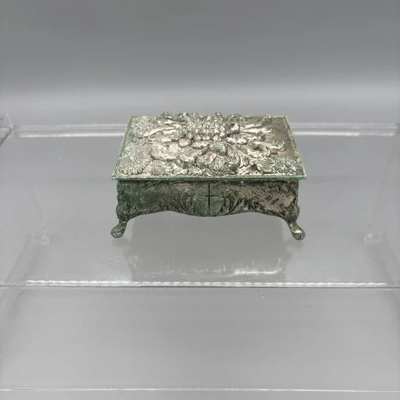 Vintage Metal Jewelry Box‎ Trinket Footed Velvet Lining Cross Religious Patina