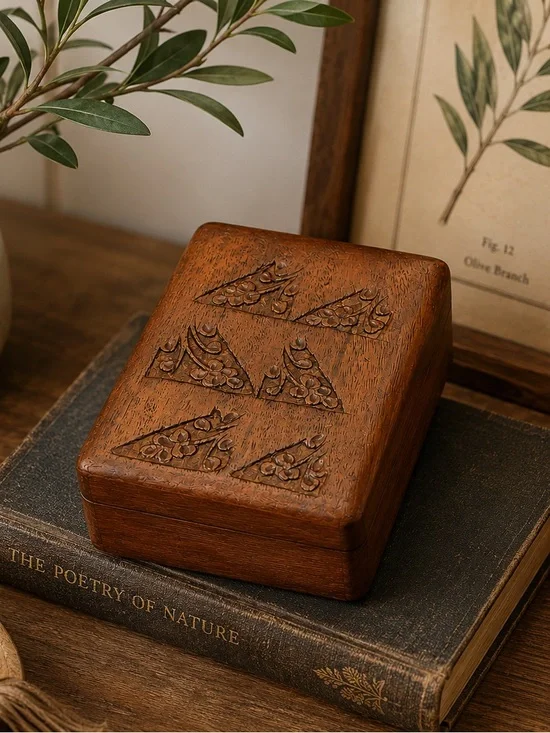 Vintage Hand Carved Wooden Trinket Box Floral Keepsake Jewelry Box