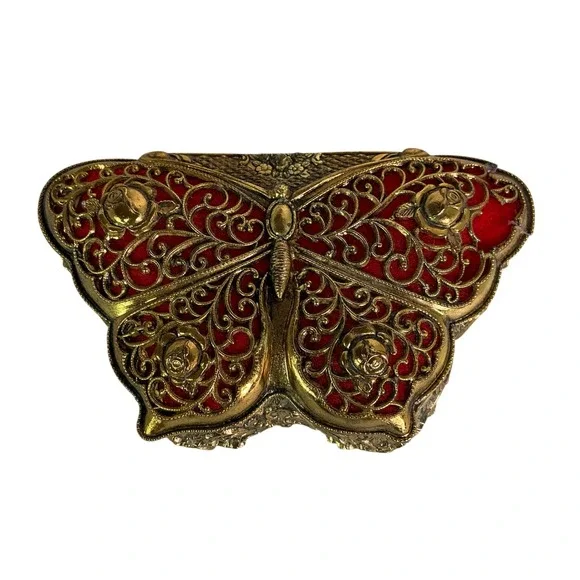 Vintage Japan Butterfly Music Box Gold Filigree Red Velvet Jewelry Trinket