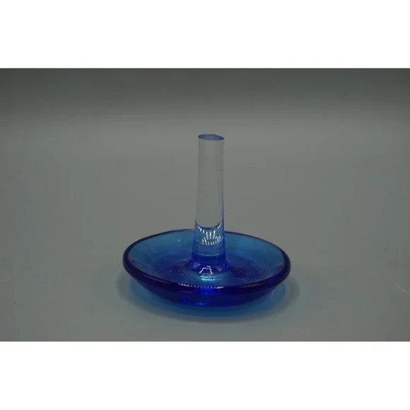 Blue Handblown Glass Ring Holder Tapered Jewelry Dish Cobalt Clear Decorative