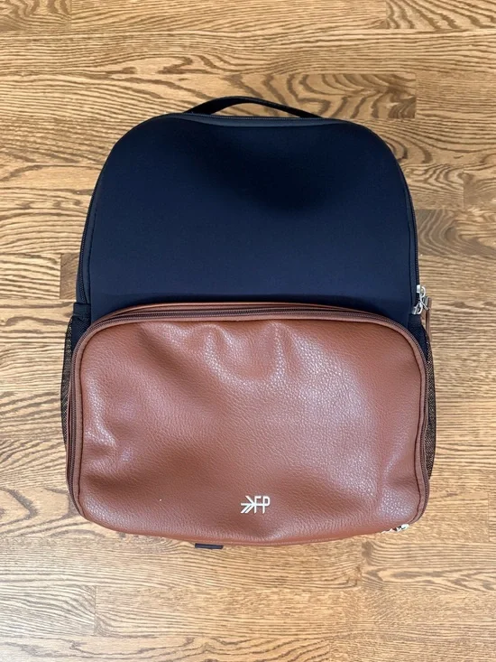 Freshly Picked Black Neoprene and Brown Vegan Leather Mom Travel Backpack
