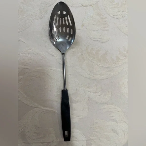 Vintage EKCO Slotted Serving Spoon Black Handle‎ Chromium Plated Mid Century