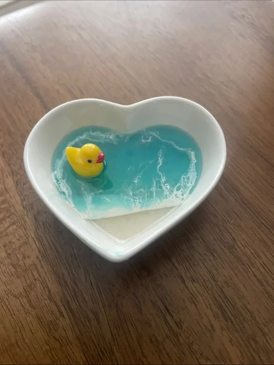 Heart Shaped Trinket Dish with Blue Ocean Resin and Yellow Duck
