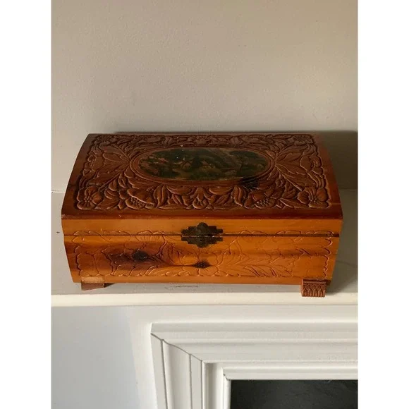 Vintage Hand Carved Wood Jewelry Box Floral‎ Relief Scenic Inset Mirror Footed