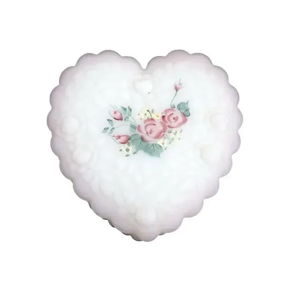 Vintage Fenton Heart Shaped Hand Painted Rose Garden Frosted Jewelry Trinket Box