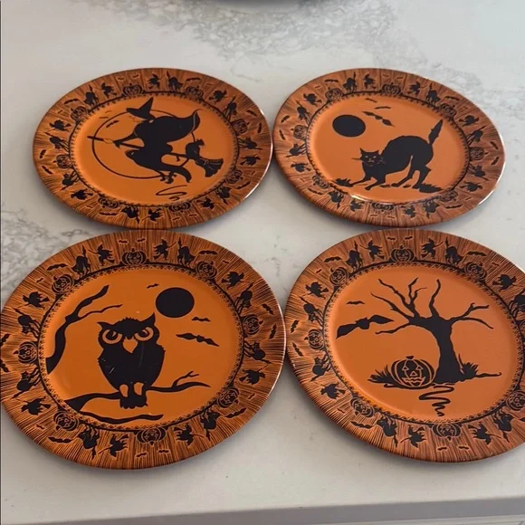 Set of Four Vintage Tin Halloween Themed Plates by restoration hardware