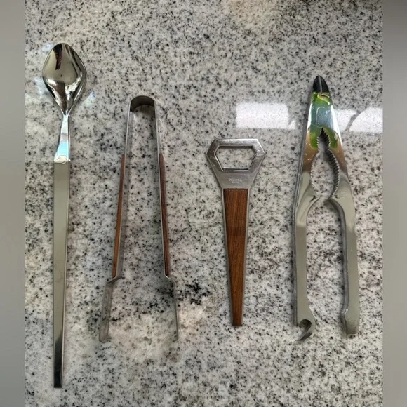 Vintage Mid Century Stainless Steel Cocktail Bar Tool‎ Set Wood Handle MCM