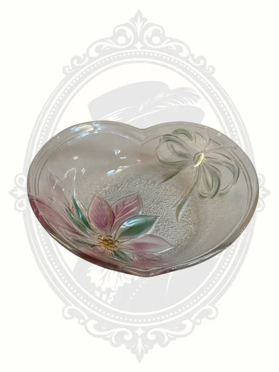 Vintage Floral Heart Glass Trinket Dish Frosted Candy Bowl