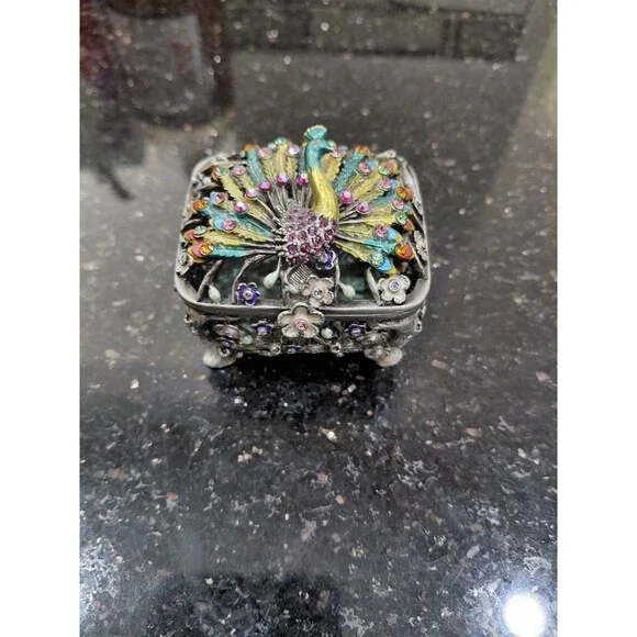 Vtg Enameled Peacock Colorful Rhinestones Trinket Ring Box Flowers