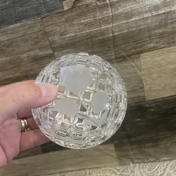 Vintage Frosted Rose Etched Crystal Trinket Box Round Cut Glass Jewelry Dish