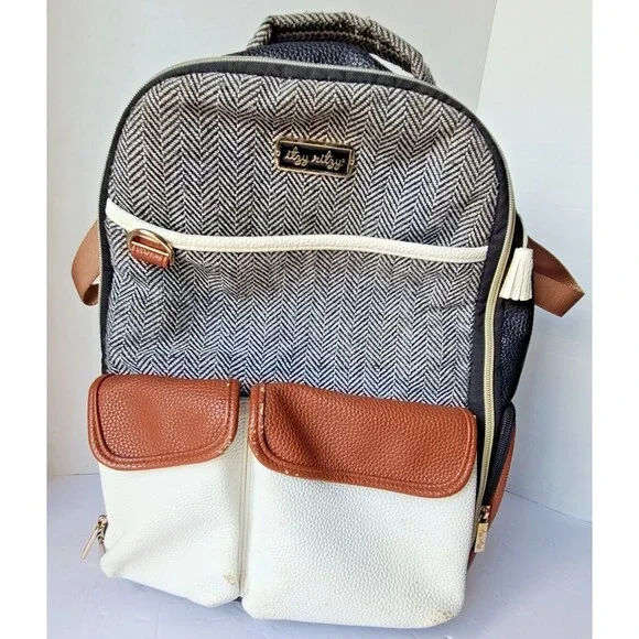 Itzy Ritzy Big Diaper Bag Backpack Coffee Cream Gray Herringbone